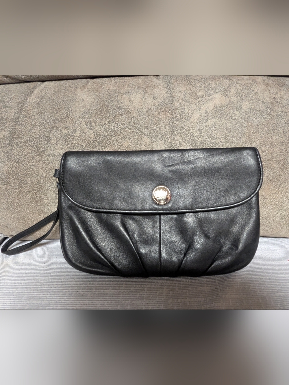 Coach Black Leather Wristlet Clutch with Gold Logo